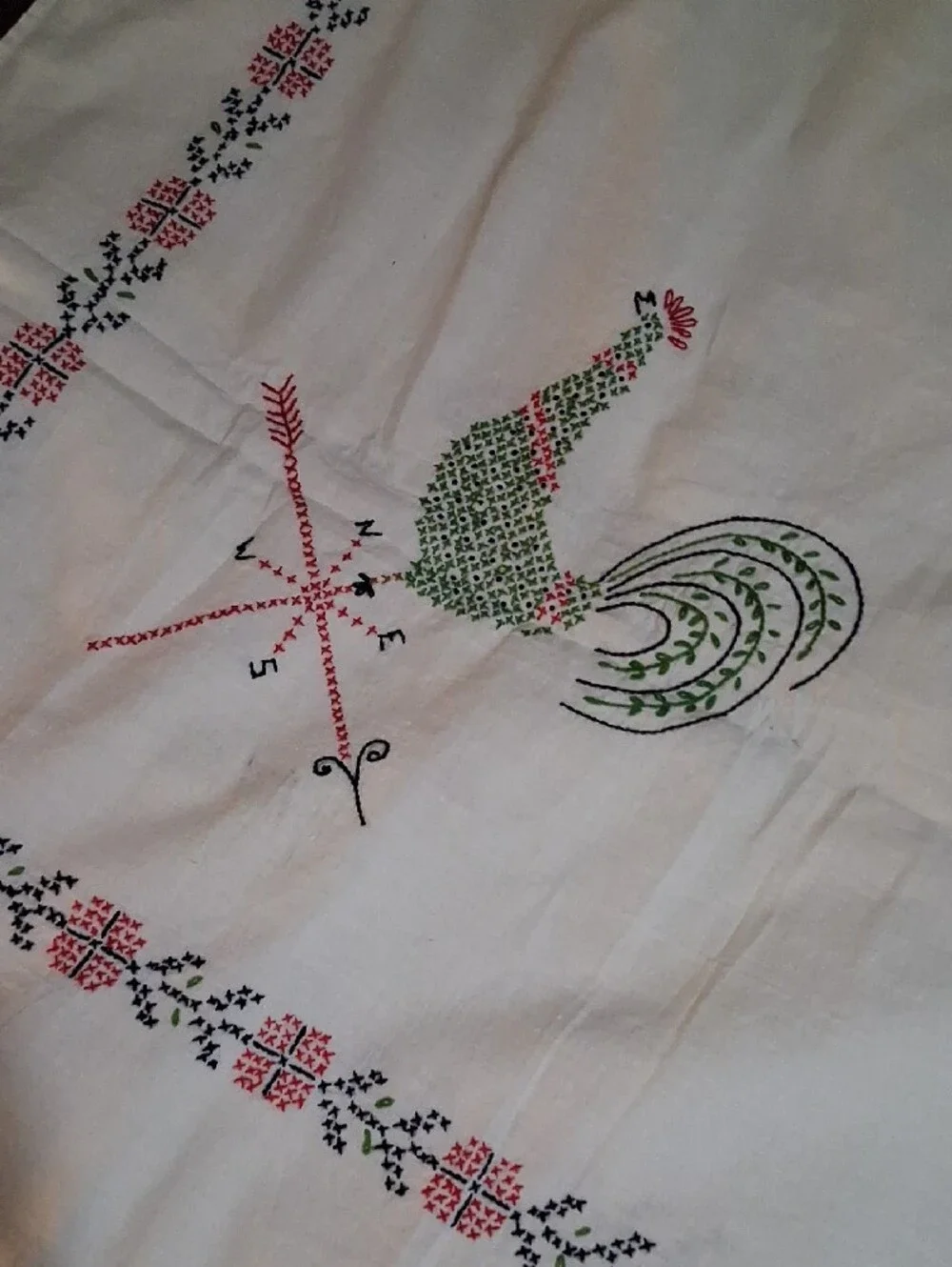 Embroidered Rooster Table Linen in Green, Red, Black